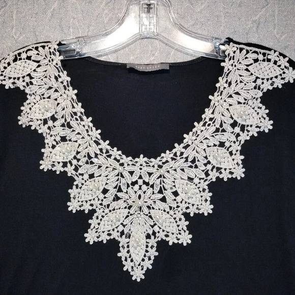 Suzy Shier Black Sleeveless Stretch Blouse White Lace & Pearl Neck CK MEASURE - Picture 3 of 6